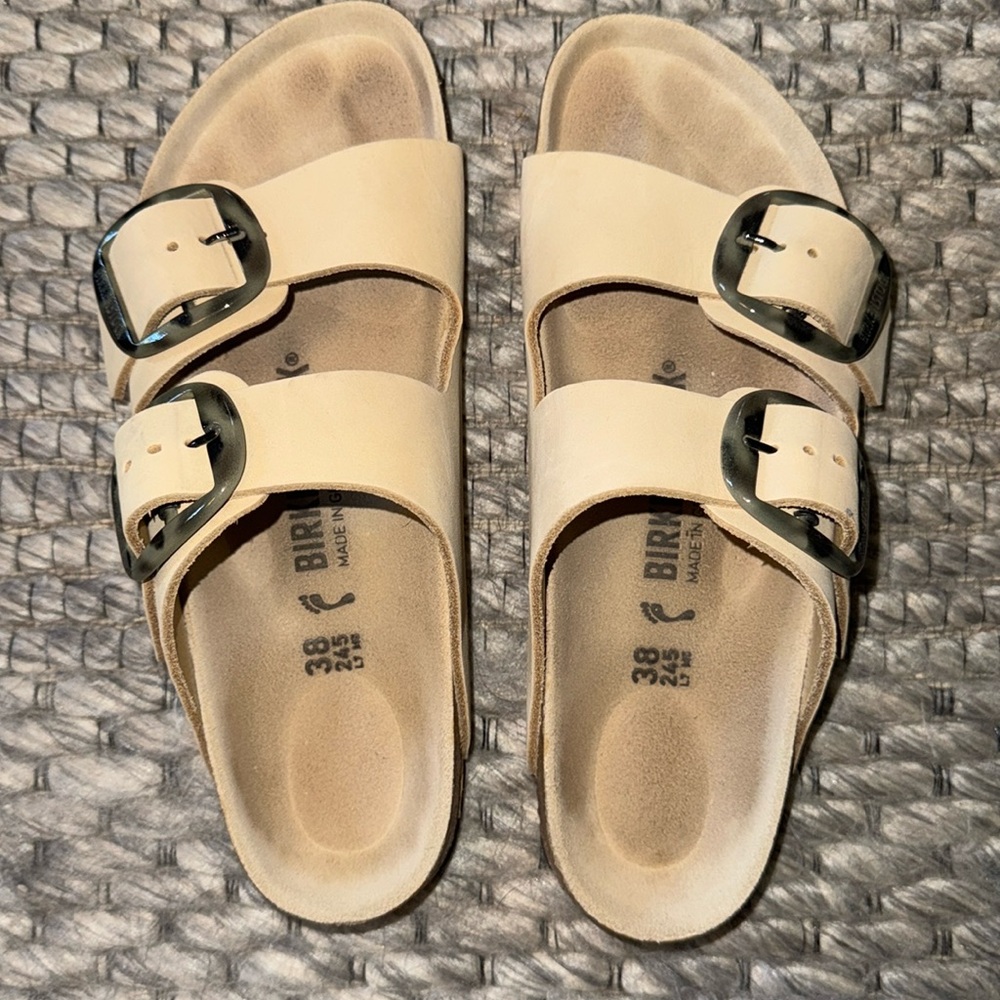 Birkenstock Arizona Double Buckle Sandals in Beige with Tortoiseshell Buckles